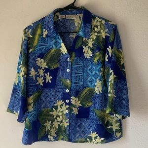 Cathy Che Button down floral Hawaiian luau Blouse size 14